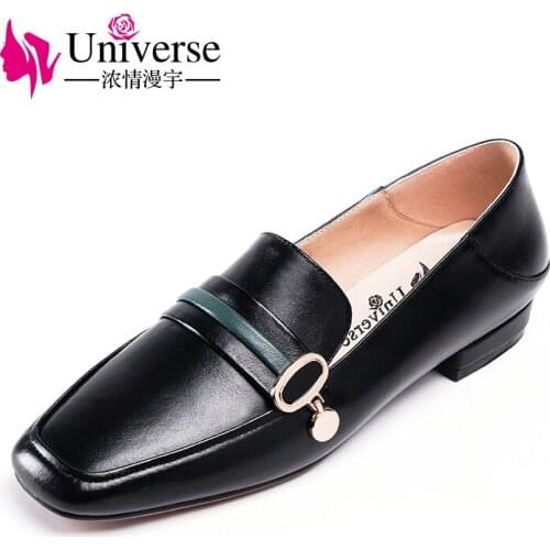 Universe Real Leather Women Flat Shoes Loafers Square Toe Women Flat Shoe Zapatos Mujer Slip-on Casual 2cm Handmade Black J072