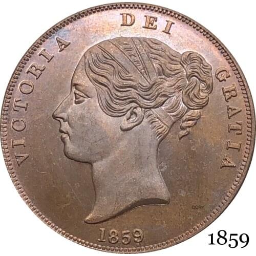 United Kingdom 1859 Victoria 1 One Penny UK Queen Red Copper Copy Coins Great Britain Bronze Portrait Replica Coin Smooth Edge