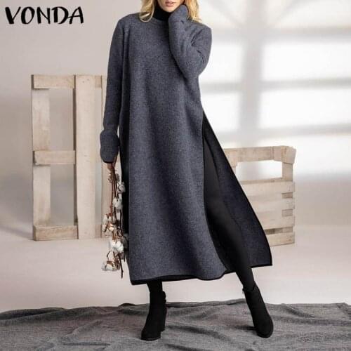 Spring Sundress Long Pullover Autumn Sweatshirt Dress VONDA 2021 Women Solid Dress Split Long Robe Vestidos Femininas S-5XL