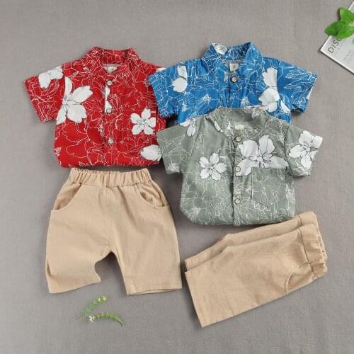 Wallarenear 1-5Years Toddler Kids Baby Boys 2-piece Outfit Set Turn-Down Short Sleeve Floral Print Shirt+Shorts Set