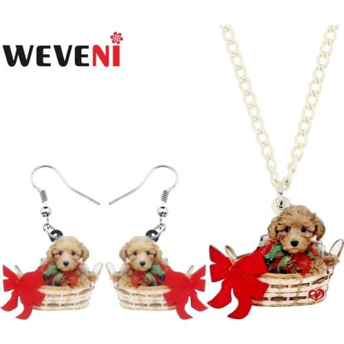 WEVENI Acrylic Cute Basket Puppy Teddy Dog Necklace Earrings Jewelry Sets Kids Girls Women Charms Gift Festival Pets Decorations