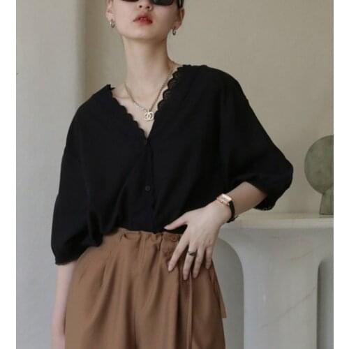 Korean Casual Elegant Tops Womens Black Office Lady Chic Summer Clothing 2021 Bubble Sleeve High Street Designer Vintage Blouses