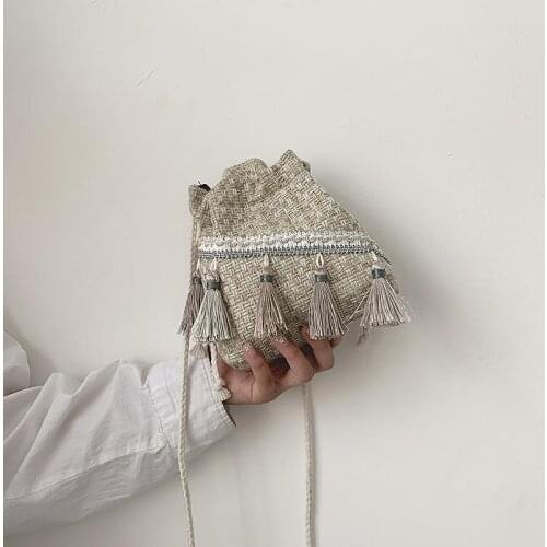 Women Knitted Shoulder Bag Ethnic Style Tassels Japanese Russia Crossbody Linen Bucket Wallet Easy to Match Drawstring