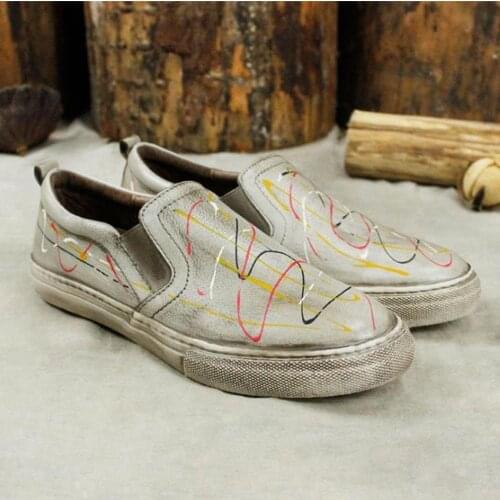 Women Leather Sneakers Hand-Painted Round Toe Flats Walking Shoes Casual Slip Ons Loafers Gray