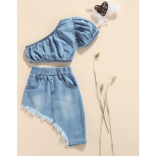 2021 Fashion Baby Girls Clothes Set Summer Kids One Shoulder Short Sleeve Denim Crop Tops + Polka Dot Mesh Skirts 1-6Years