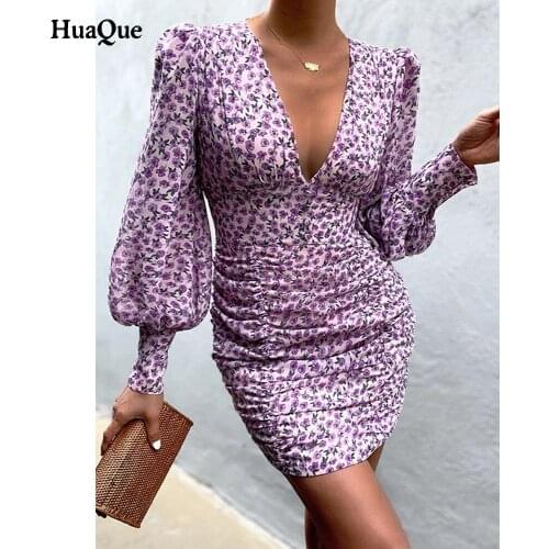 Woman elegant and sexy V-neck floral wrap dress summer mini puff sleeve pleated womens long sleeve mini wedding party dress