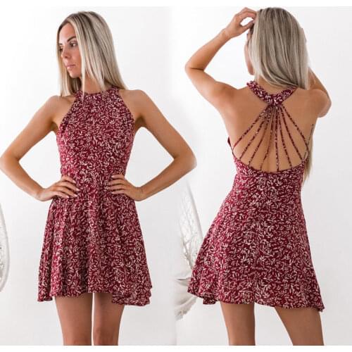 Hirigin Summer Womens Sleeveless Halter Neck Backless Sexy Print Short Dress 2021 Casual Street Beach Boho Vacation Sundress