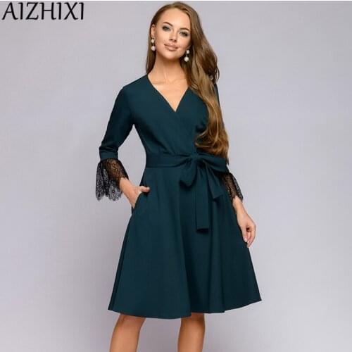 AIZHIXI Women‘s Lace Splicing V neck Autumn Dress Elegant Sashes Pockets Wrist Sleeves Green Black Mini Dresses Lady Office Wear