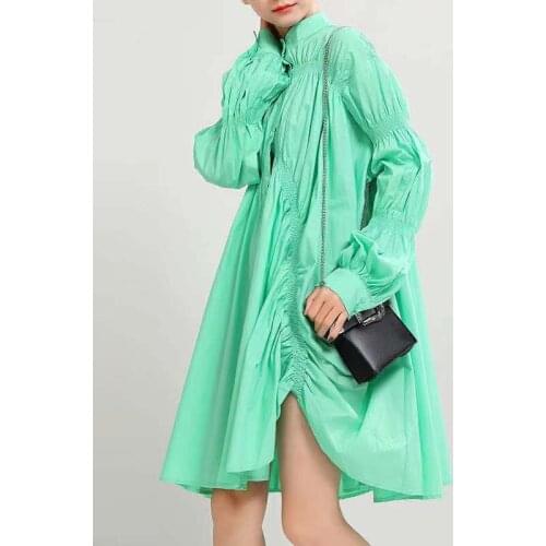 Autumn New Ladies Dress Temperament Is Thin Folds Loose Long Sleeves Square Collar Irregular Shirt Skirt Womens Clothing WE436