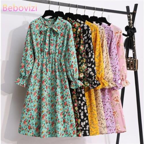 Fashion Korean Yellow Pink White Blue Purple Green Floral Za 2020 Summer Casual Long Sleeve Bowknot Midi Dress for Women Clothes