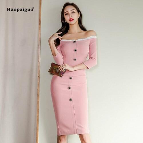 Plus Size Straight Dress 2019 Summer Women Pink Three Quarter Sleeve Slash Neck Elegant Party Dress Button Casual Dresses Elbise