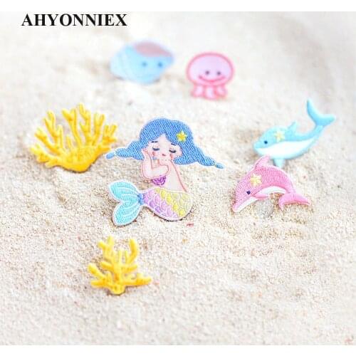 AHYONNIEX Cartoon Sea Girl Dophin Patches for Clothes Bags DIY Applique Embroidery Parches Iron On Patch for Clothes Caps