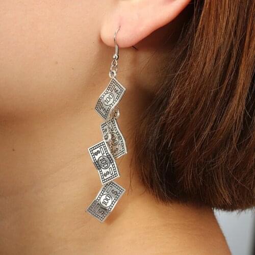 Antique Sliver Funny 100 Dollar Bill Money Currency Dangle Earrings For Women R2LE