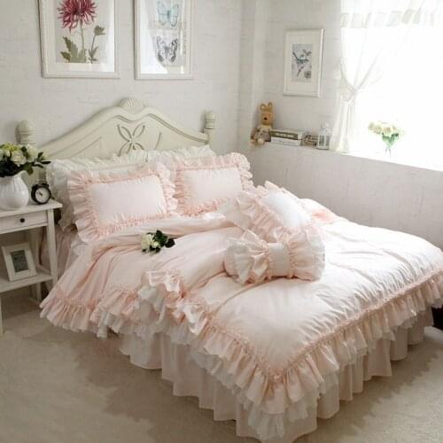 Luxury Princess Bedding Set 100%Cotton Cake Layers Embroidery Ruffle Lace Double Duvet Cover Bed Skirt Bedspread Pillowcases