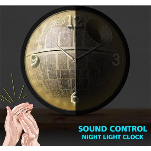 Round Unique Walactic Space Sound Activated Light Emitting Wall Clock DEATH STAR LED Lighting Fictional Planet Smart Lamp Watch