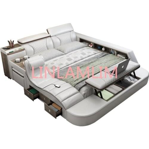 Genuine Leather multifunctional massage bed frame modern Nordic camas ultimate bed With storage LED light Bluetooth dresser safe