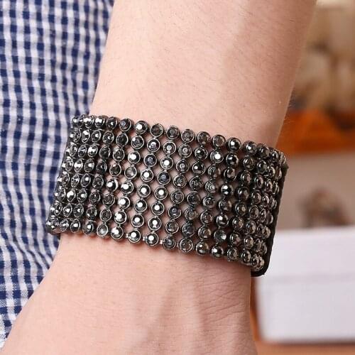 Fashion Men Leather Bracelet Open Cuff Rope Bangles & Bracelet Wide Black Zircon Color Vintage Punk Unisex Jewelry