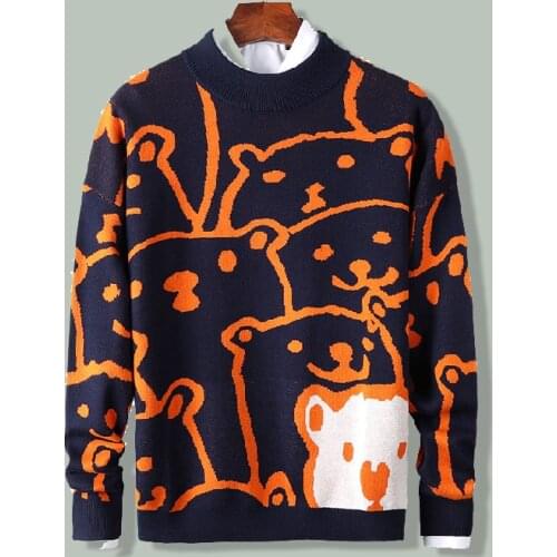 Harajuku Polar Bear Pattern Print Trendy Sweater Hip Hop Streetwear Slim Casual Sweaters Autumn Round Neck Long Sleeve Pullovers