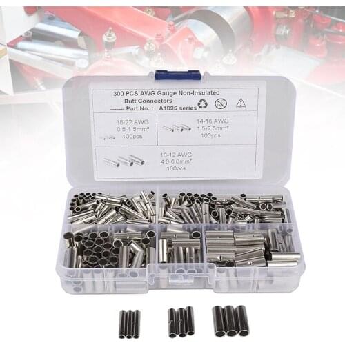 300Pcs Non-Insulated Butt Connectors Gauge Seamless Uninsulated Electrical Wire Ferrule Cable Crimp Terminal Kit C66