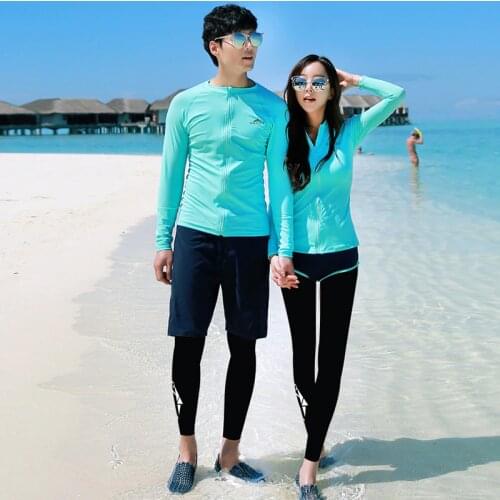 Matching Couples Set 3pcs/4pcs Zip Long Sleeve UPF 50+ Rashguard Shirts & Leggings Mens/Womens Bathing Swimming Surfing Suits
