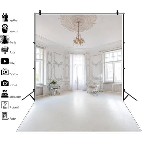 Laeacco French Window White Chic Wall Curtain Chandelier Sofa Leaves Portrait Photography Background Photo Backdrop Photo Studio