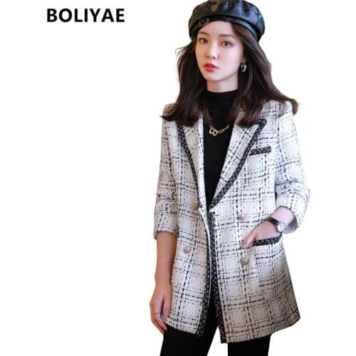 Boliyae 2021 Autumn and Winter New Suit Coat Womens Fashion Tweed Plaid Jacket Casual Double Breasted Long Sleeve Blazer Tops