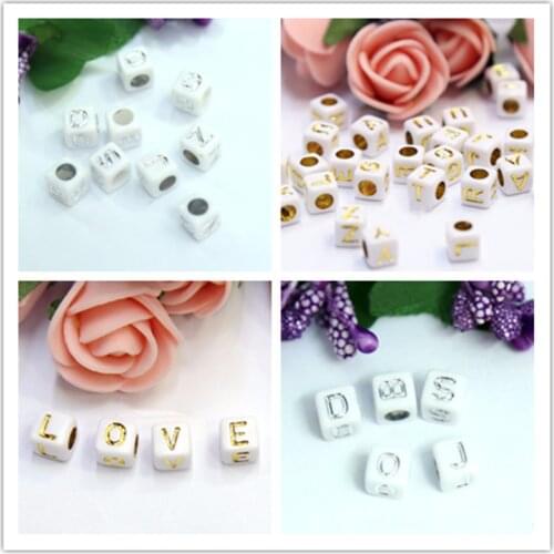 New Cube Acrylic Letter Beads White Pearl with Gold Silver English Character Printing Jewelry Loose Beads 6*6mm 3200pcs
