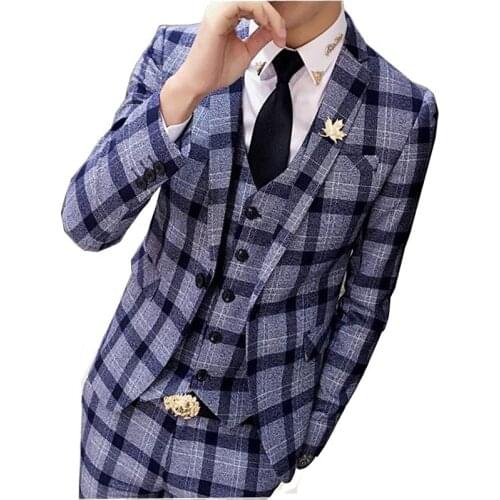 New Slim Mens Suit 3 Piece Jacket Vest Pants Groomsman Dress / High Quality Handsome Male Plaid Blazer Coat Trousers Waistcoat