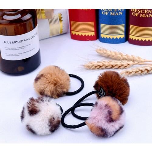 1 PC Girls Hair Ties Pompom Fur Bow Elastic Hair Band Leopard Design New Fashion Children Rubber Bands Ponytail Holder Ring