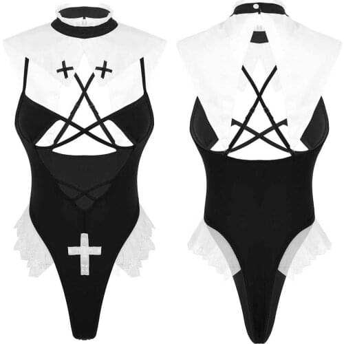 IEFiEL Sexy Womens Erotic Role Play Cosplay Costumes Lingerie Set Deep V Front High Cut Thong Leotard Bodysuit with Neck Collar