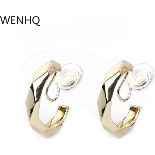 WENHQ Simple Fashion Gold Color C Shape Clip on Hoop Earrings for Women Students Sparkly Geometric Glossy No Pierced Earrings
