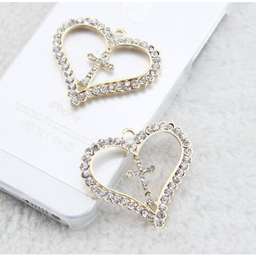 5pcs Trendy 38*44mm Heart Cross Rhinestone Pendant Gold-colour Charms For DIY hand made fit Necklace bracelte diy craft