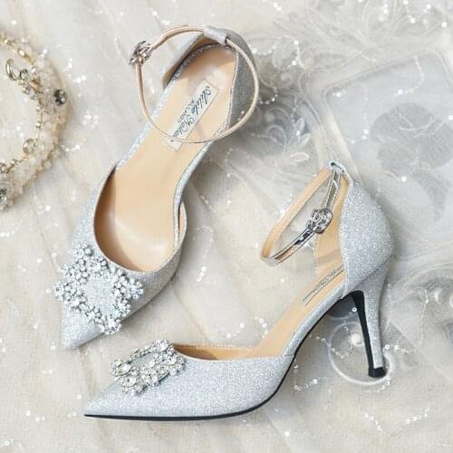 Wedding shoes women 2019 new bridal shoes word binding high heels with silver sequins princess crystal shoes