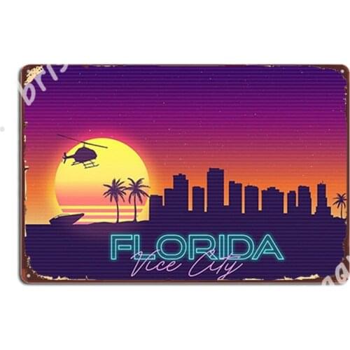 Vice City Florida Gta Skyline Landscape Syntwhave Metal Signs Wall pub Home Printing Wall Plaque Tin sign Posters