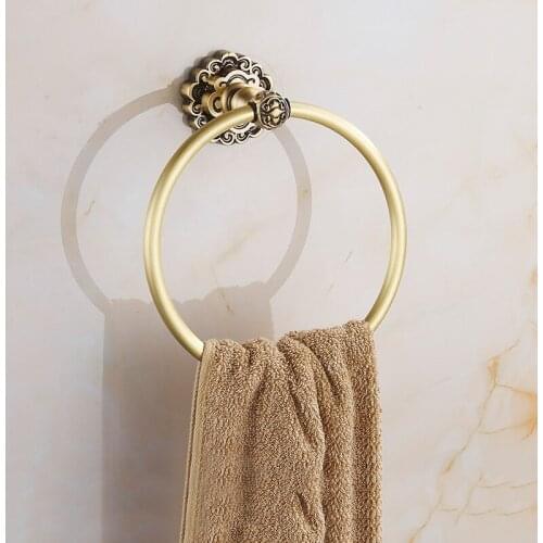 VidricTowel Rings Art Carving Antique Brass Wall Mounted Bath Shelf Towel Rack Hanger Bathroom Fitting Home Deco Towel Holder 10