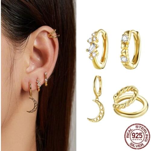 WOSTU Real 925 Sterling Silver 1PCS Star Moon Heart Stud Earrings Gold-color Hoop Earrings For Women Fine Silver Jewelry Gift