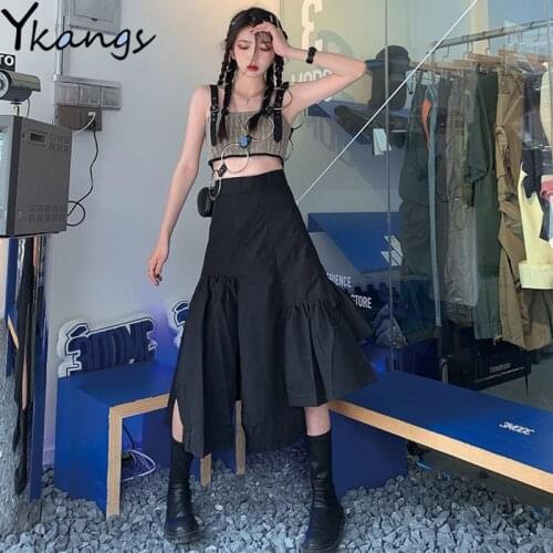 Cargo Black Punk High Waist Streetwear Gothic Irregular split Loose Midi Skirt Korean Women Harajuku Black Grey pleated skirt