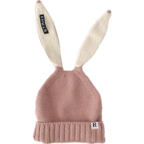 Women Girls Knit Stretch Beanie Hat Cute Long Rabbit Ears Letters Warm Skull Cap Dropshipping