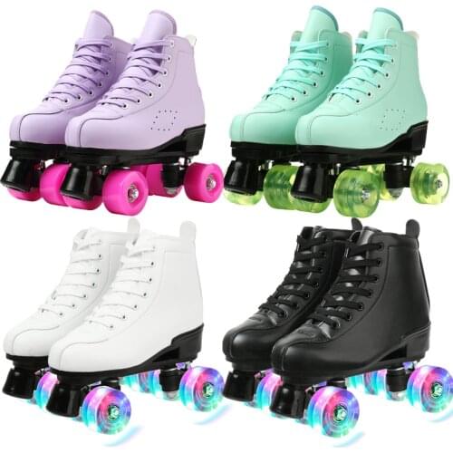 Women White PU Leather Roller Skates Skating Shoes Sliding Inline Quad Skates Sneakers Training Europe Size 4 Wheels Flash Wheel