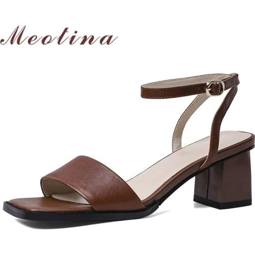 Meotina Ankle Strap Women Shoes Genuine Leather High Heel Sandals Square Toe Thick Heels Footwear Ladies Summer Sandals Black