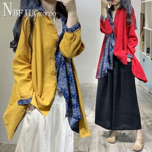2020 Literature And Art Women Sets Cotton And Linen Blouse And Irregular Wide Leg Pants Female Sets
