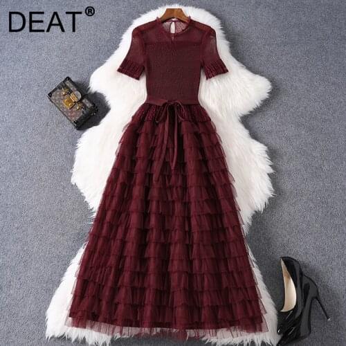 DEAT Women Midi Dress Organza Round Collar Short Sleeve Cake Ruffles Vintage Style Elegant Dresses 2021 Summer Fashion 15JK526