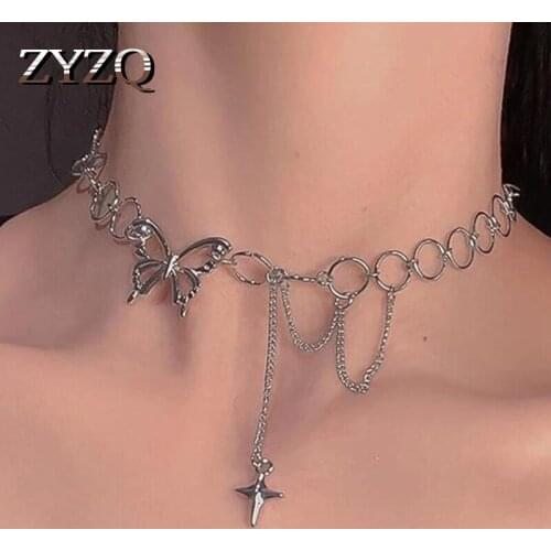 ZYZQ Korean Super Creative Star Butterfly Pendant Necklace For Women Geometric Temperament Clavicle Chain Trend Jewelry