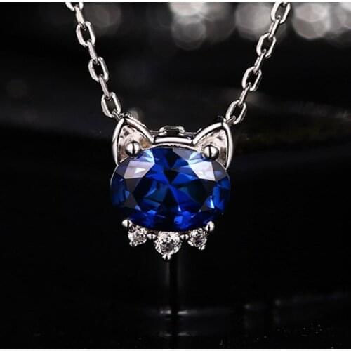 2020 Hot Sale 925 Sterling Silver Necklace Girl Fashion Jewelry Cute Blue Crystal Cat Necklaces Women Birthday Present KOFSAC