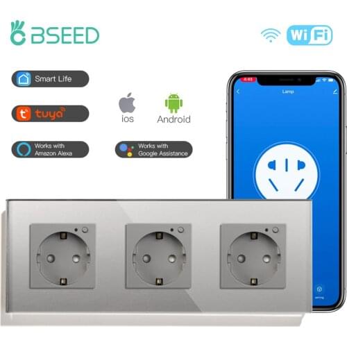 BSEED EU Standard Wall Socket Triple Tuya Wifi Smart Socket Plug 16A 250V Crystal Glass Panel Sockets Blue Backlight