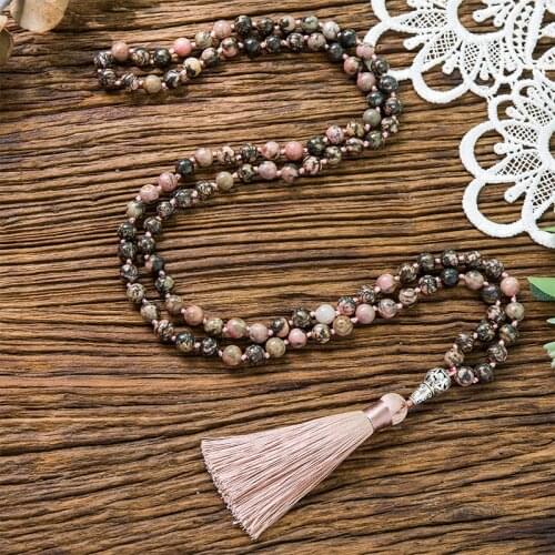 8mm Natural Black Line Rhodochrosite Beads Knotted Necklace Meditation Yoga Blessing Rosary Jewelry 108 Japamala Banquet Pendant