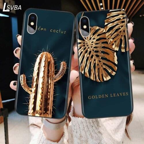 Golden Cactus Banana Leaf For iPhone 12 Pro Max Mini 11 Pro XS Max X XR 6S 6 7 8 Plus 5S Soft Black Phone Case