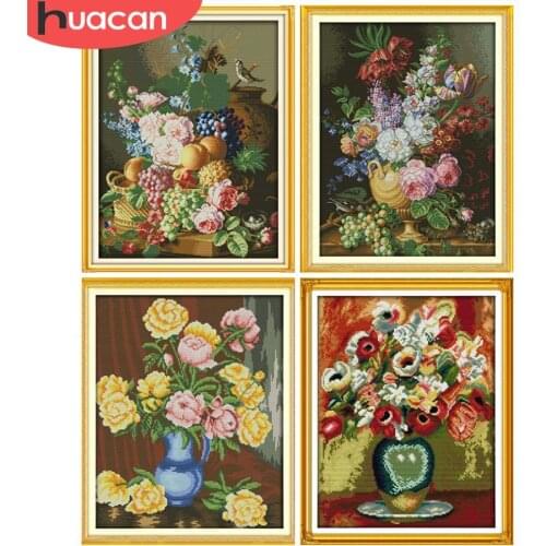 HUACAN DIY Cross-Stitch Flower Sets Gift Embroidery Needlework Kit Cross Stitch Flowers 11CT 14CT White Canvas Home Decor