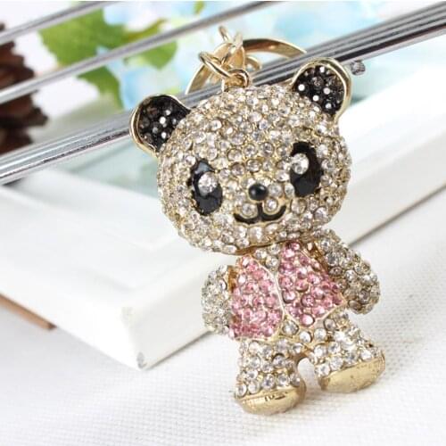 Panda Skirt Pink Arm Head Move Keyring Pendant Rhinestone Crystal Purse Bag Key chain Jewelry Birthday Party Wedding Gift