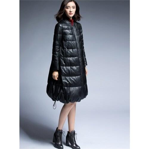 Leather Women Long Down jacket Winter Coat Down Coat Plus Size
